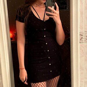 Ambiance Black Ribbed V-Neck Button-Down Mini Dress